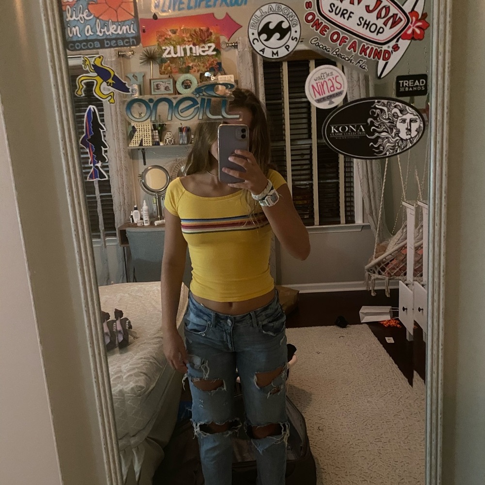 Super cute yellow off the shoulder top.